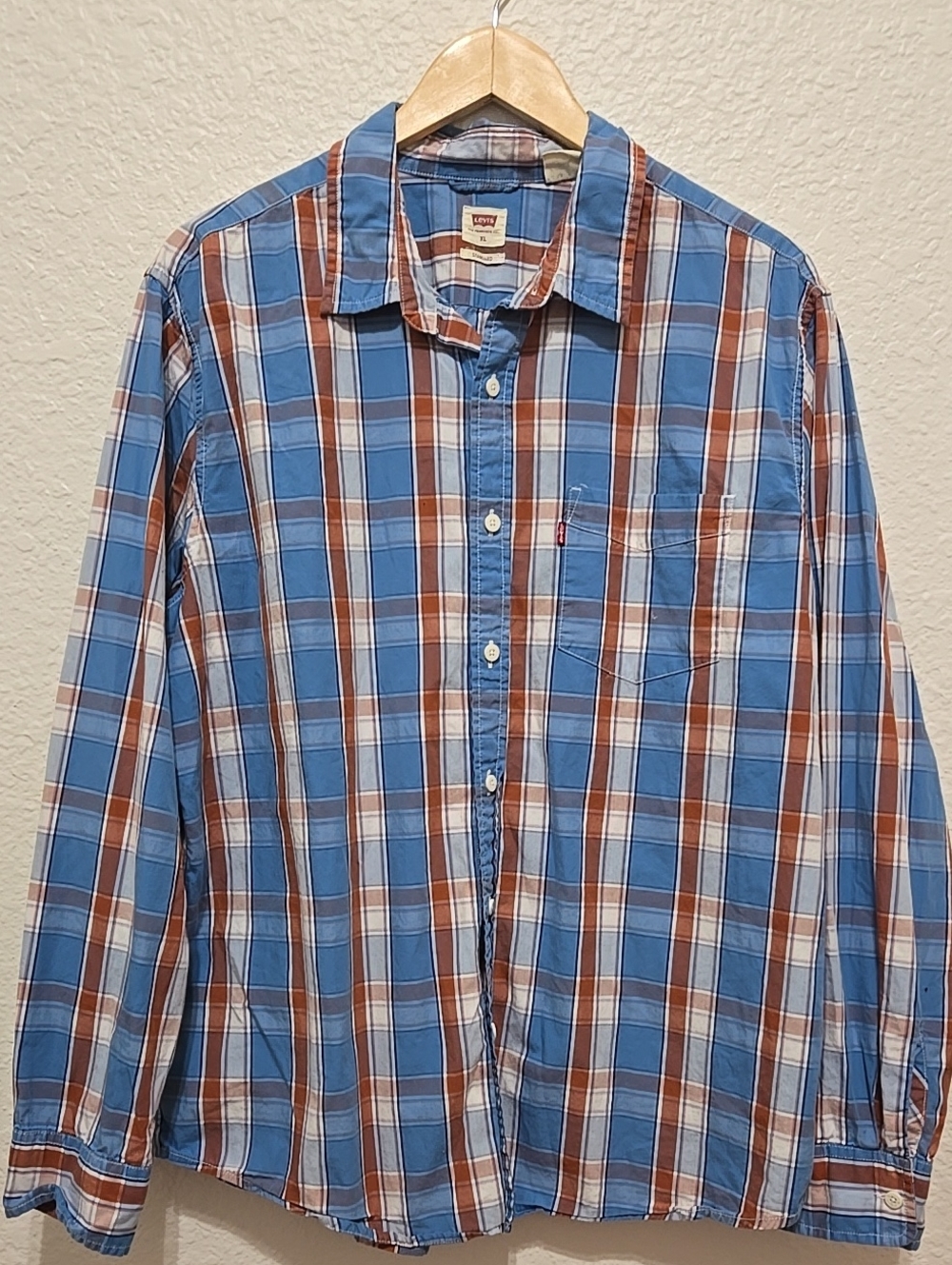 Levi's Light Blue & Brown Plaid Standard Fit Button-Down Shirt Rodeo Ranch Fall
